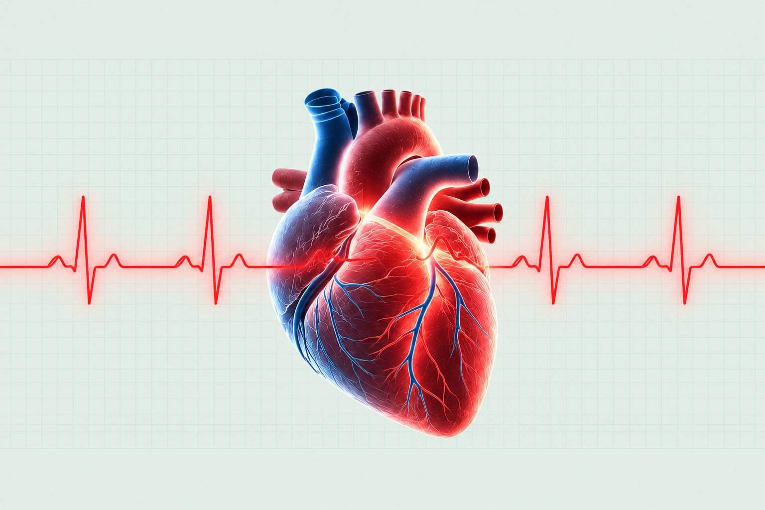 Decorative realistic anatomical heart in red and blue with an EKG waveform